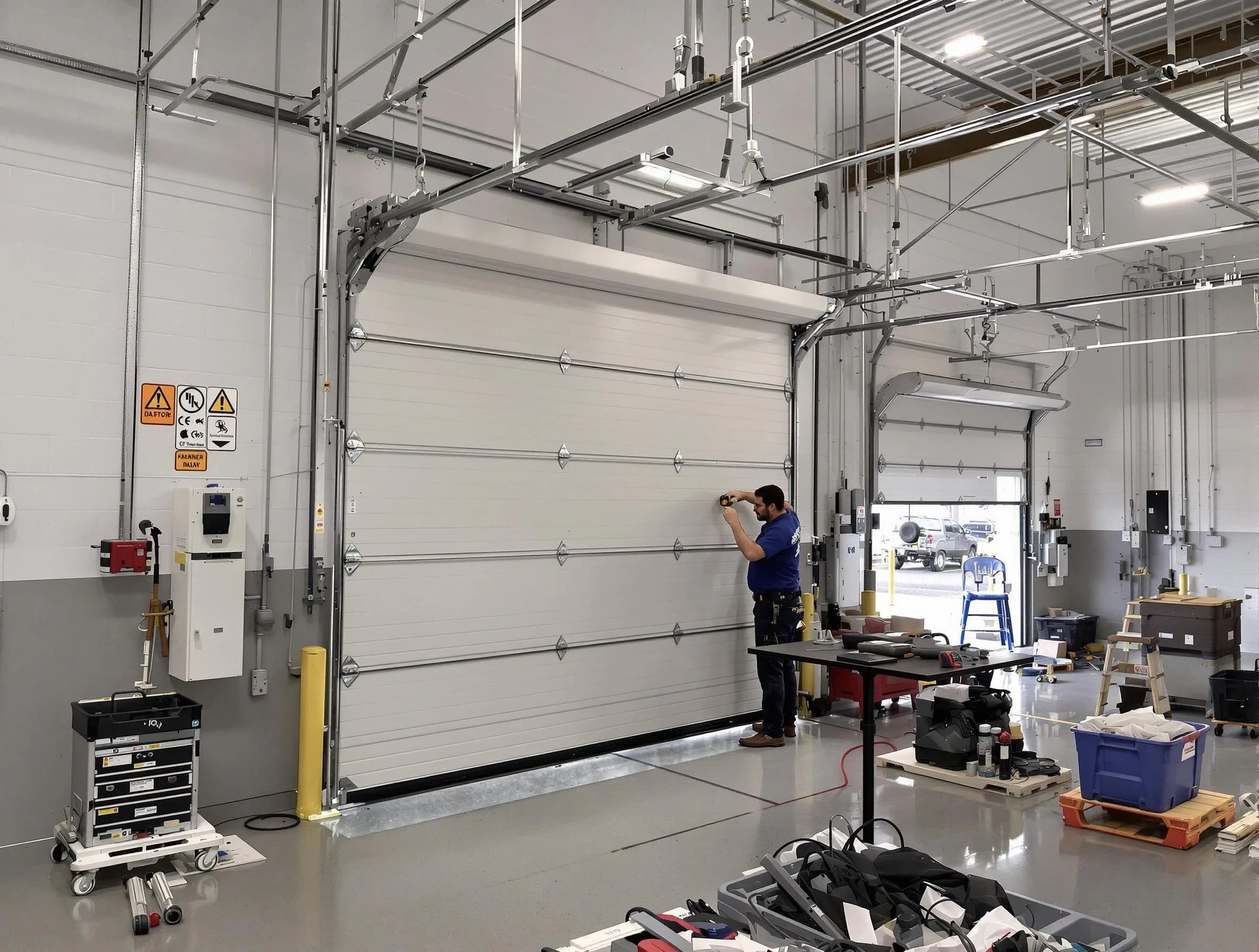Commercial garage door repair being performed by Yukon Garage Door Repair expert in Yukon