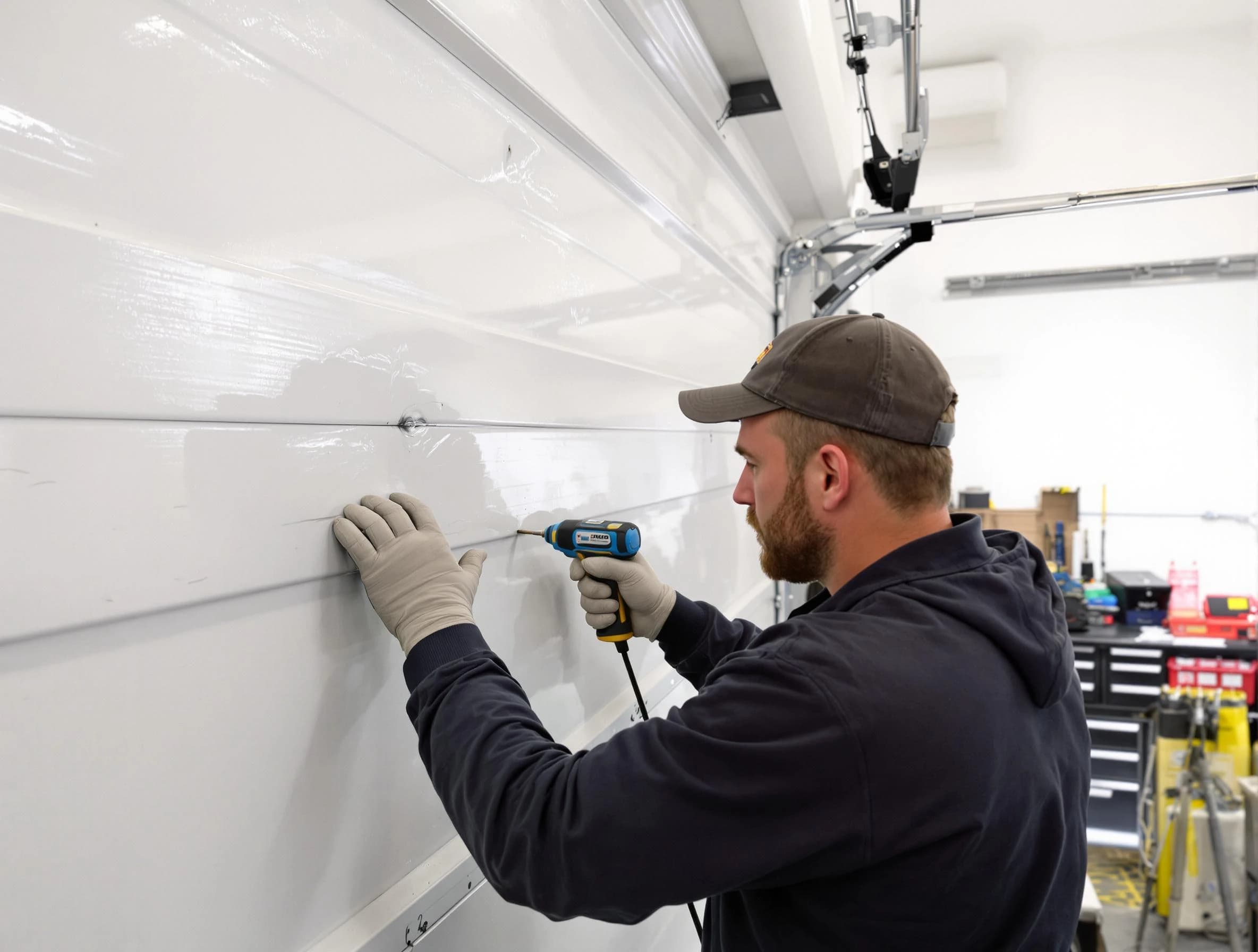 Yukon Garage Door Repair technician demonstrating precision dent removal techniques on a Yukon garage door